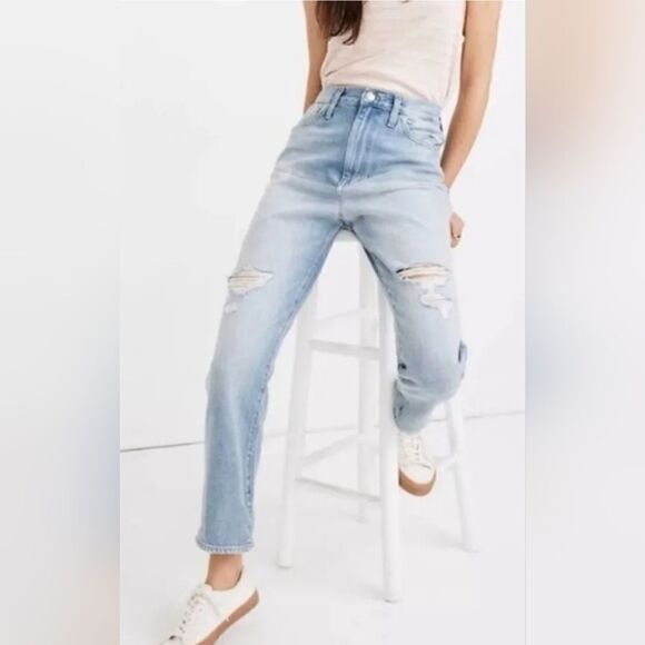 Madewell The Mom Jean High Waist Light Wash Ankle Ripped Distressed Raw Hem 29 - Picture 2 of 13
